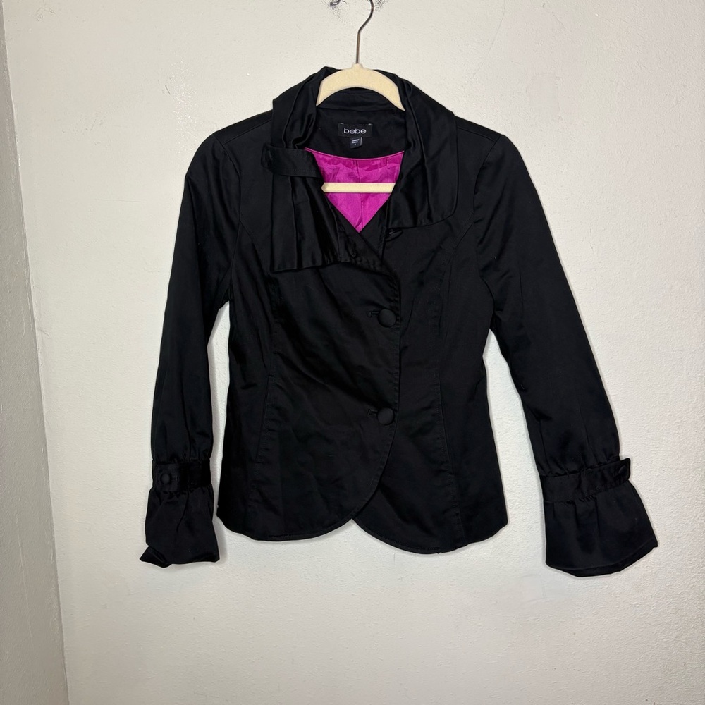 bebe Black Cotton Blazer with Magenta Contrast Lining Size Small